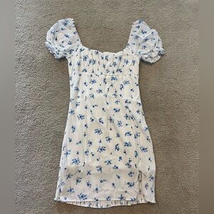 White and blue floral mini dress with capped sleeves from American Threads